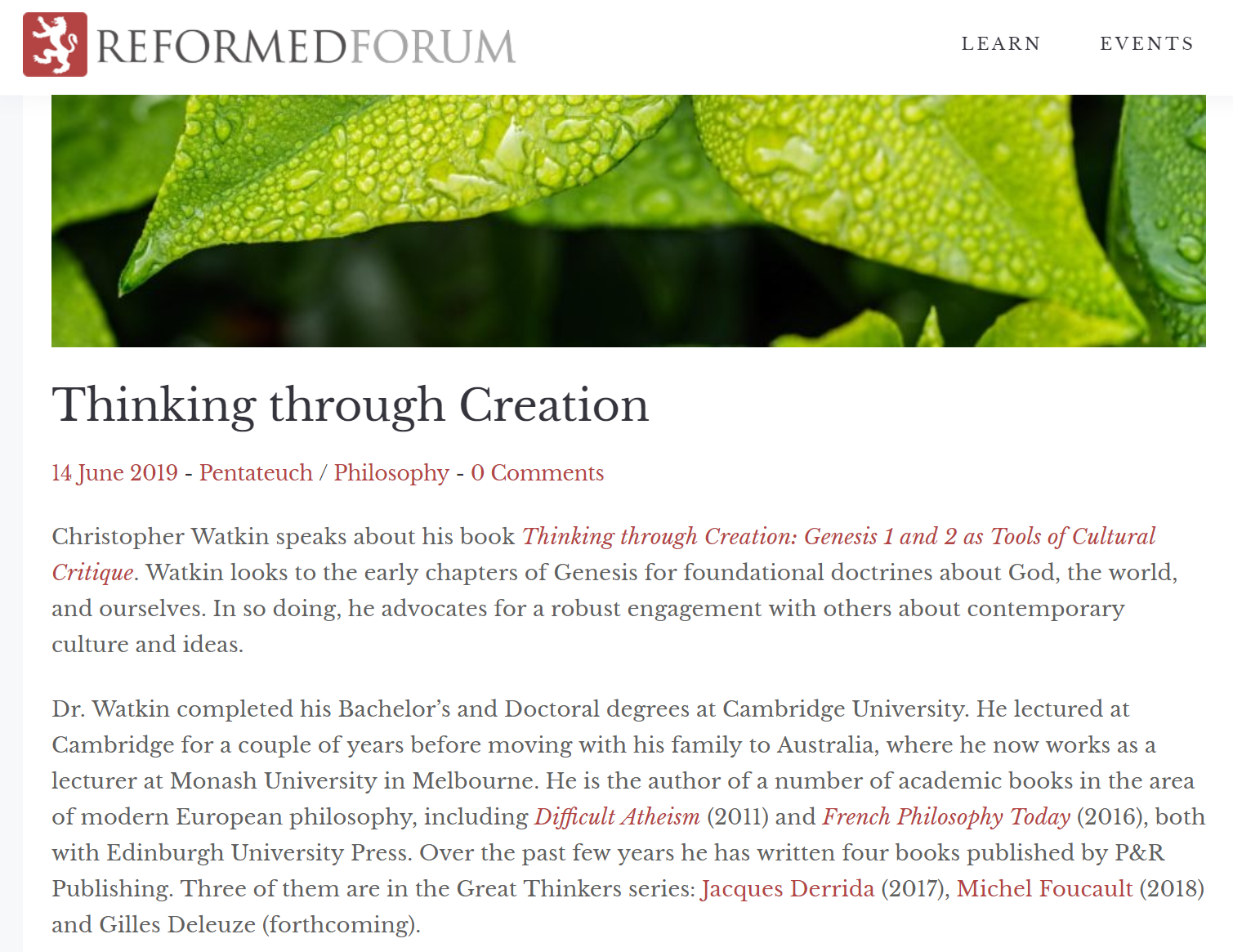 Reformed Forum Christ the Centre episode on Thinking Through Creation